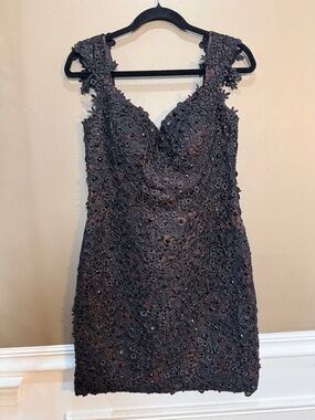 Musani Gold Couture Beaded Lace Applique Mini Dress Brown Black US 10